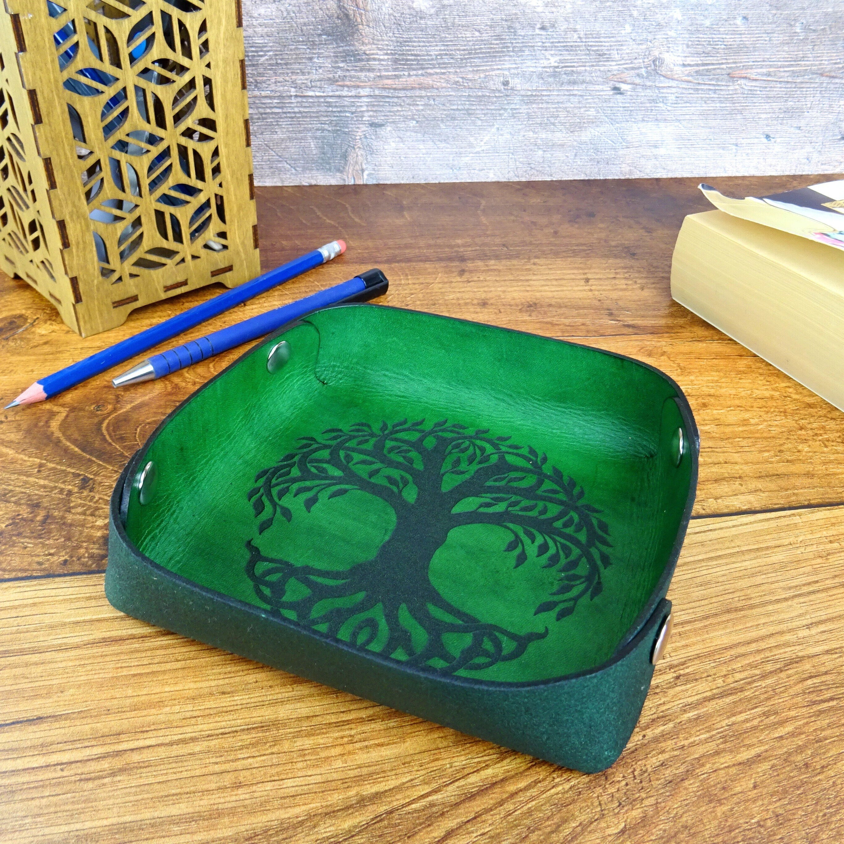 Handcrafted Leather Valet Tray: Engraved Tree Of Life Desk Organizer