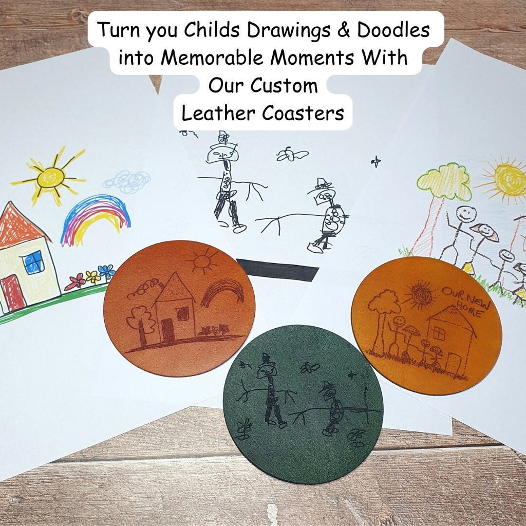 Personalised Leather Coasters, Memorable Custom Leather Gift, Engraved Drawing Gift, Child's Doodle Engraving Leather Drinks Coasters