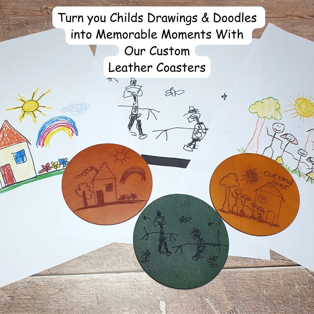 Personalised Leather Coasters, Memorable Custom Leather Gift, Engraved Drawing Gift, Child's Doodle Engraving Leather Drinks Coasters