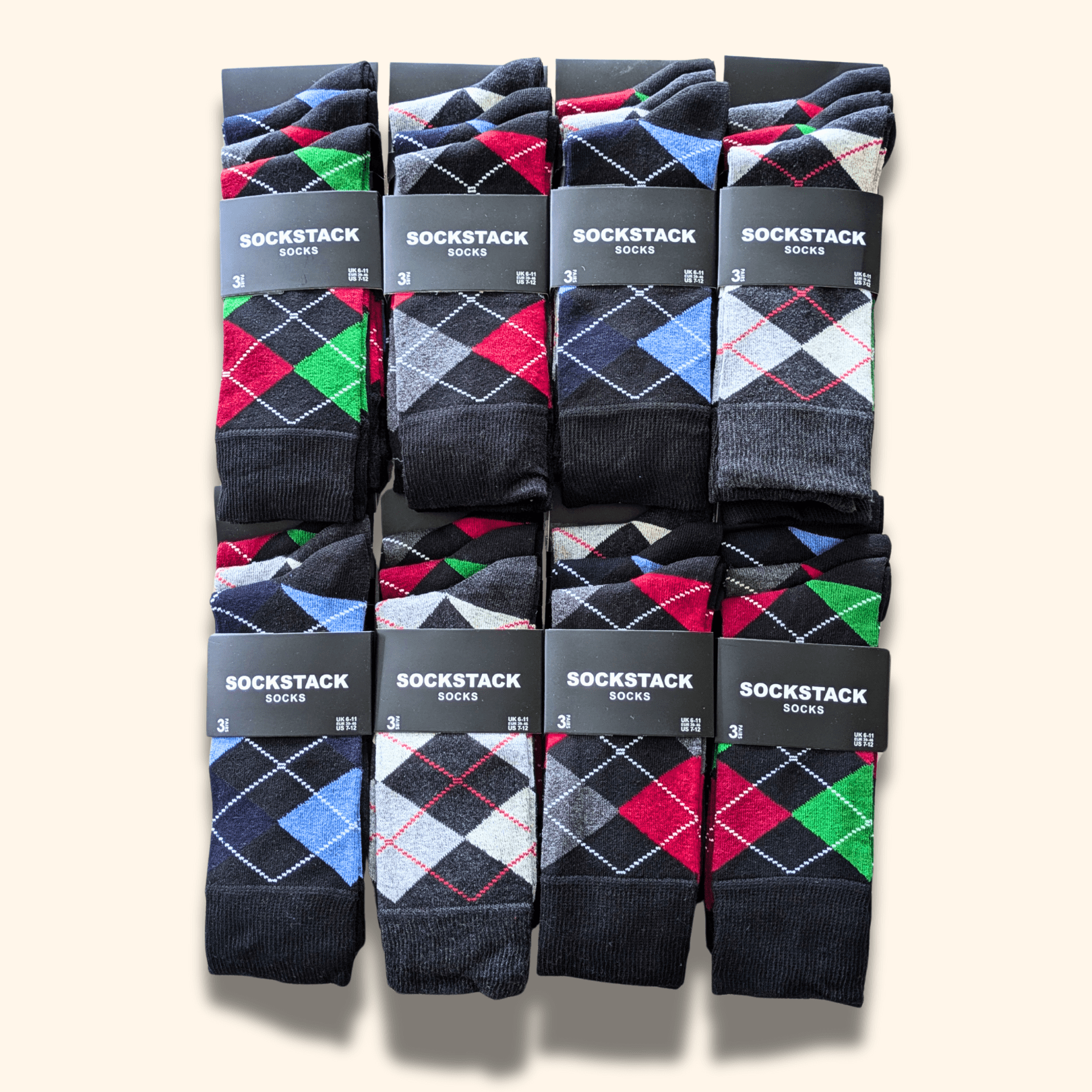 24 Pairs Men's Soft Cotton Colourful Heel Toe Black Argyle Diamond Easycare Comfortable Shoe Socks Flat Toe Seam Durable Work School Business Wear UK 6-11 by Sock Stack