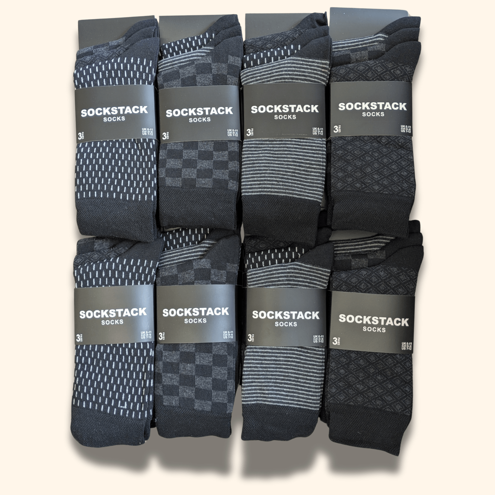 24 Pairs Men's Soft Cotton Colourful Heel Toe Black Argyle Diamond Easycare Comfortable Shoe Socks Flat Toe Seam Durable Work School Business Wear UK 6-11 by Sock Stack