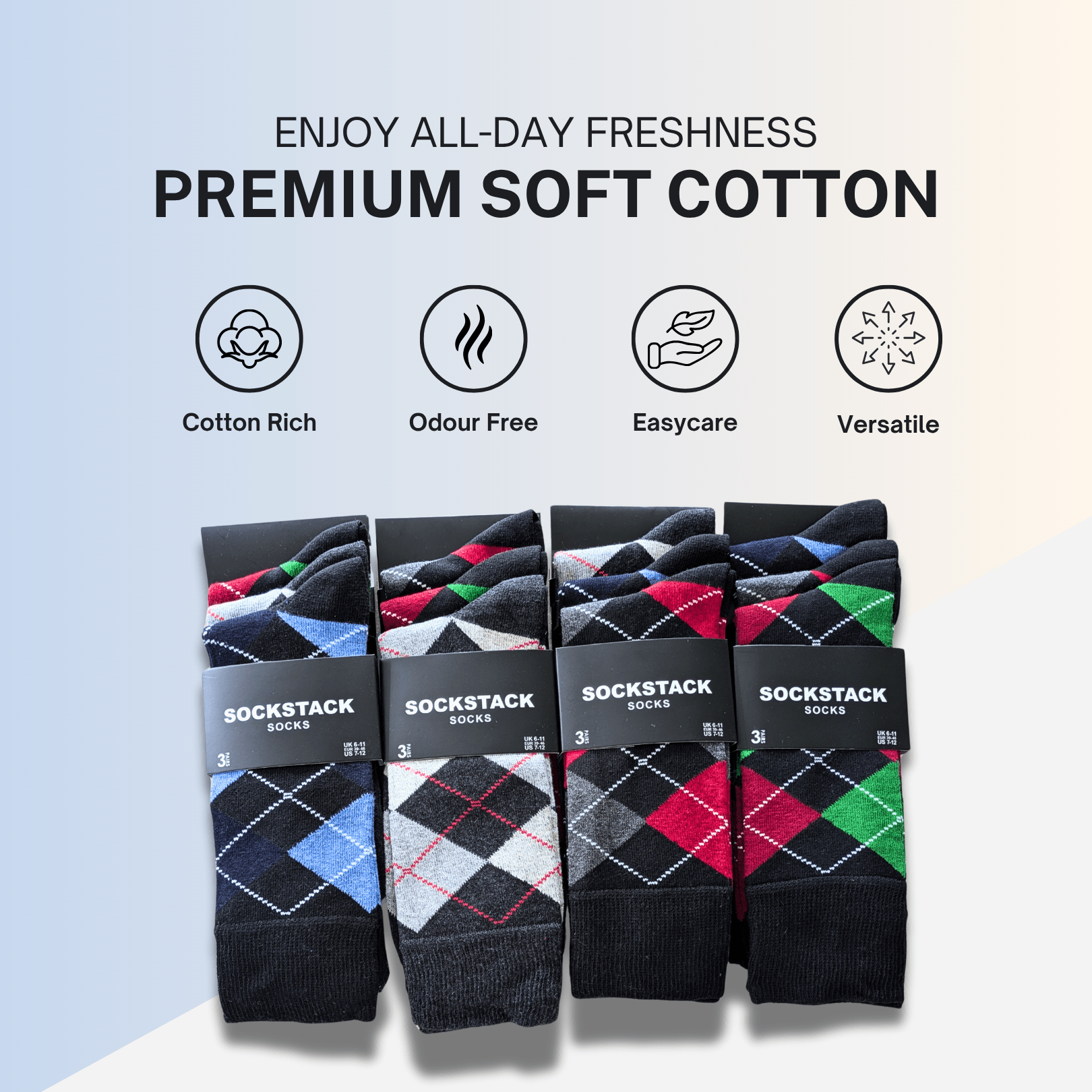 24 Pairs Men's Soft Cotton Colourful Heel Toe Black Argyle Diamond Easycare Comfortable Shoe Socks Flat Toe Seam Durable Work School Business Wear UK 6-11 by Sock Stack
