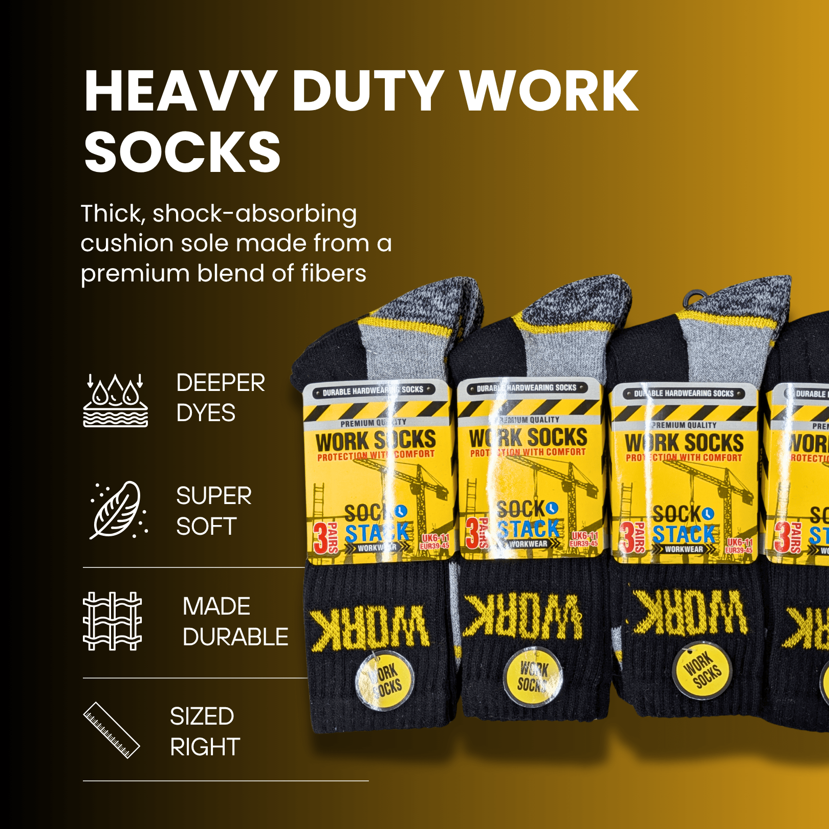 24 Pairs Mens Heavy Duty Work Socks Cushion Sole Reinforced Toe Heel Durable Black Boot Sock for Construction Outdoor Jobs Walking Sizes UK 6-11 EUR 39-45 by Sock Stack