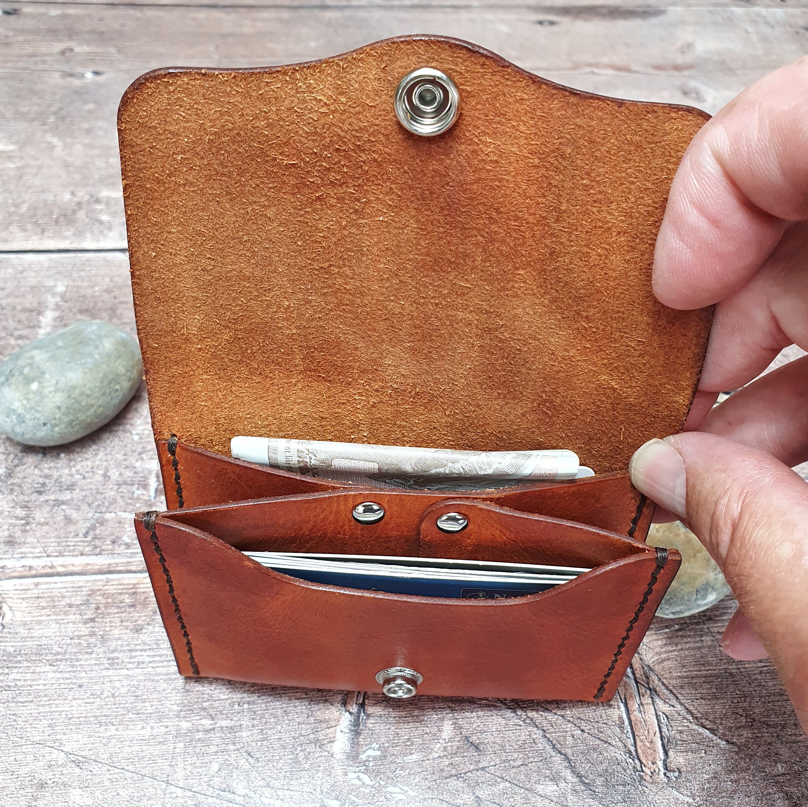 Handcrafted Leather Wallet, Card Wallet, Cash Wallet, Dual Pocket Button Closure Wallet, Personalised Wallet, Expanding Card Holder Case