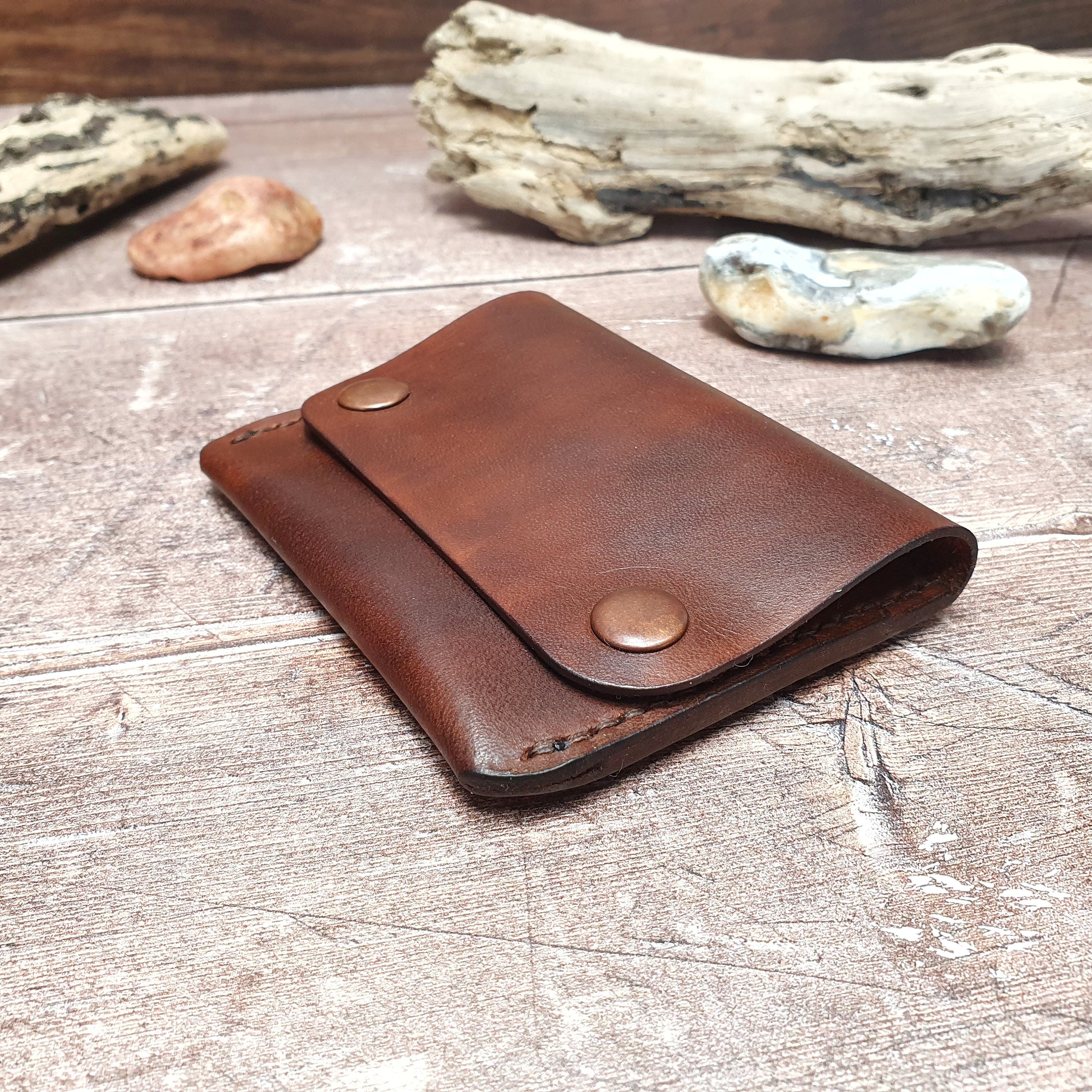 Personalised Leather Cash & Card Wallet, Secure Leather Card Case, Minimalist Leather Card Holder, Snap Button Fold Over Closure Card Wallet