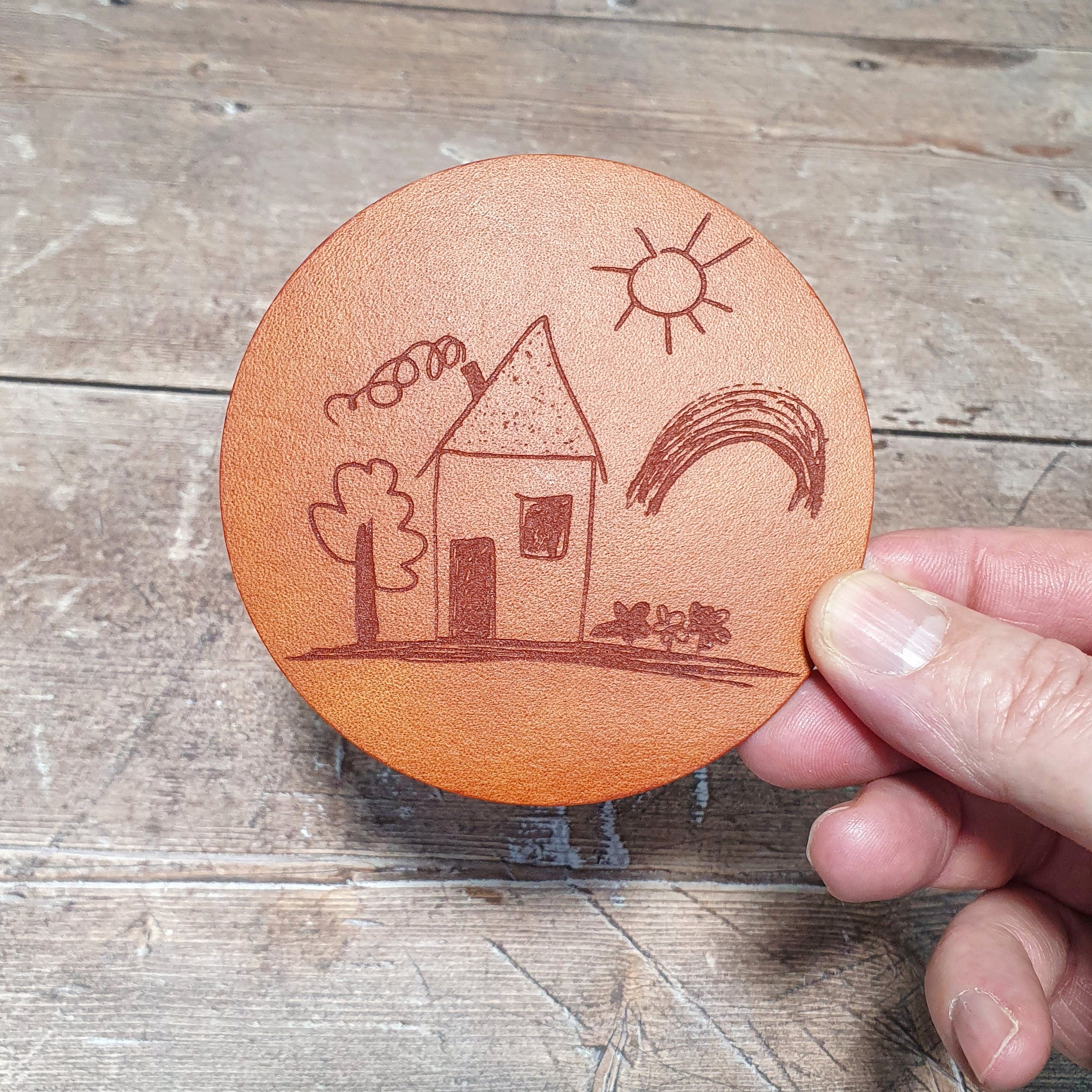 Personalised Leather Coasters, Memorable Custom Leather Gift, Engraved Drawing Gift, Child's Doodle Engraving Leather Drinks Coasters