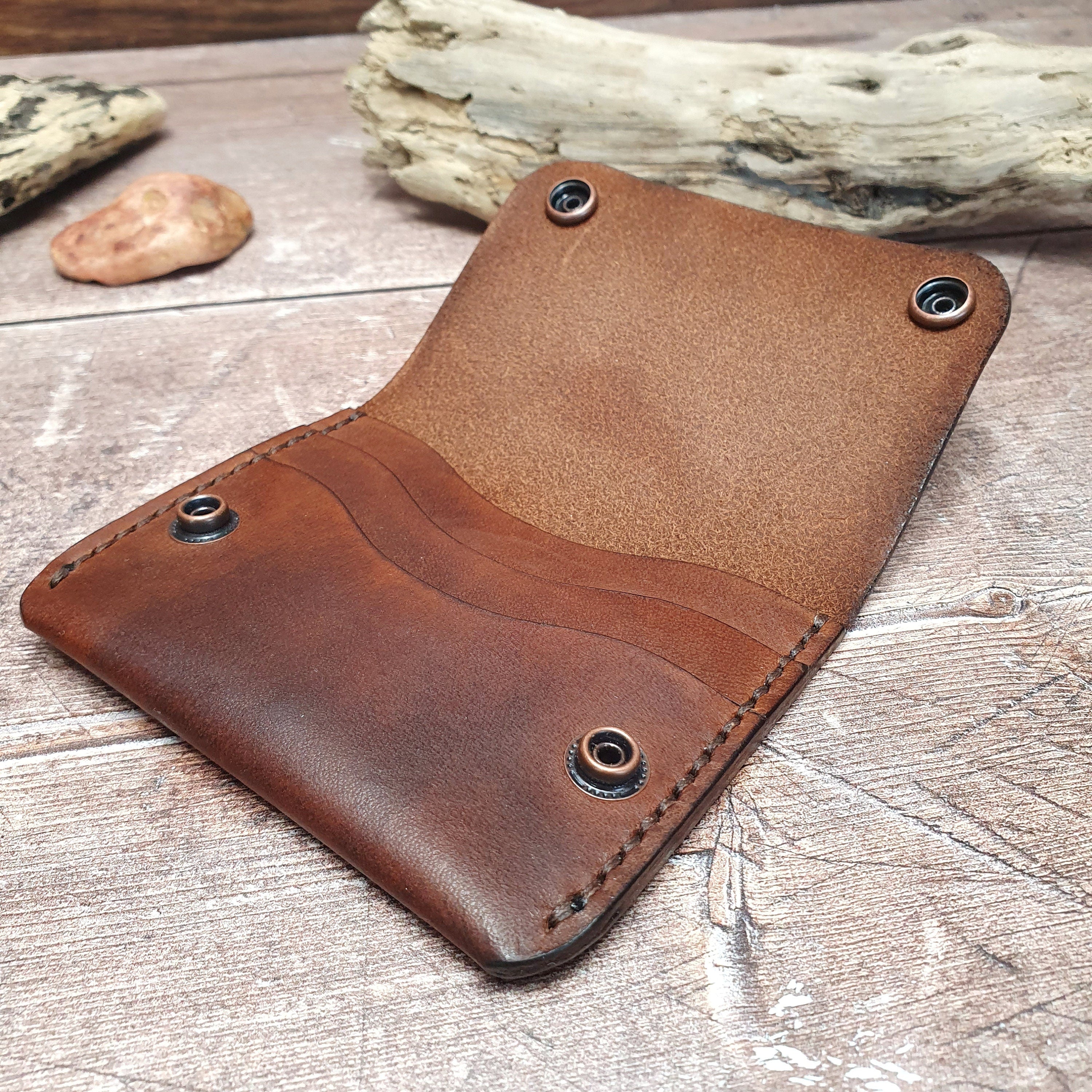 Personalised Leather Cash & Card Wallet, Secure Leather Card Case, Minimalist Leather Card Holder, Snap Button Fold Over Closure Card Wallet