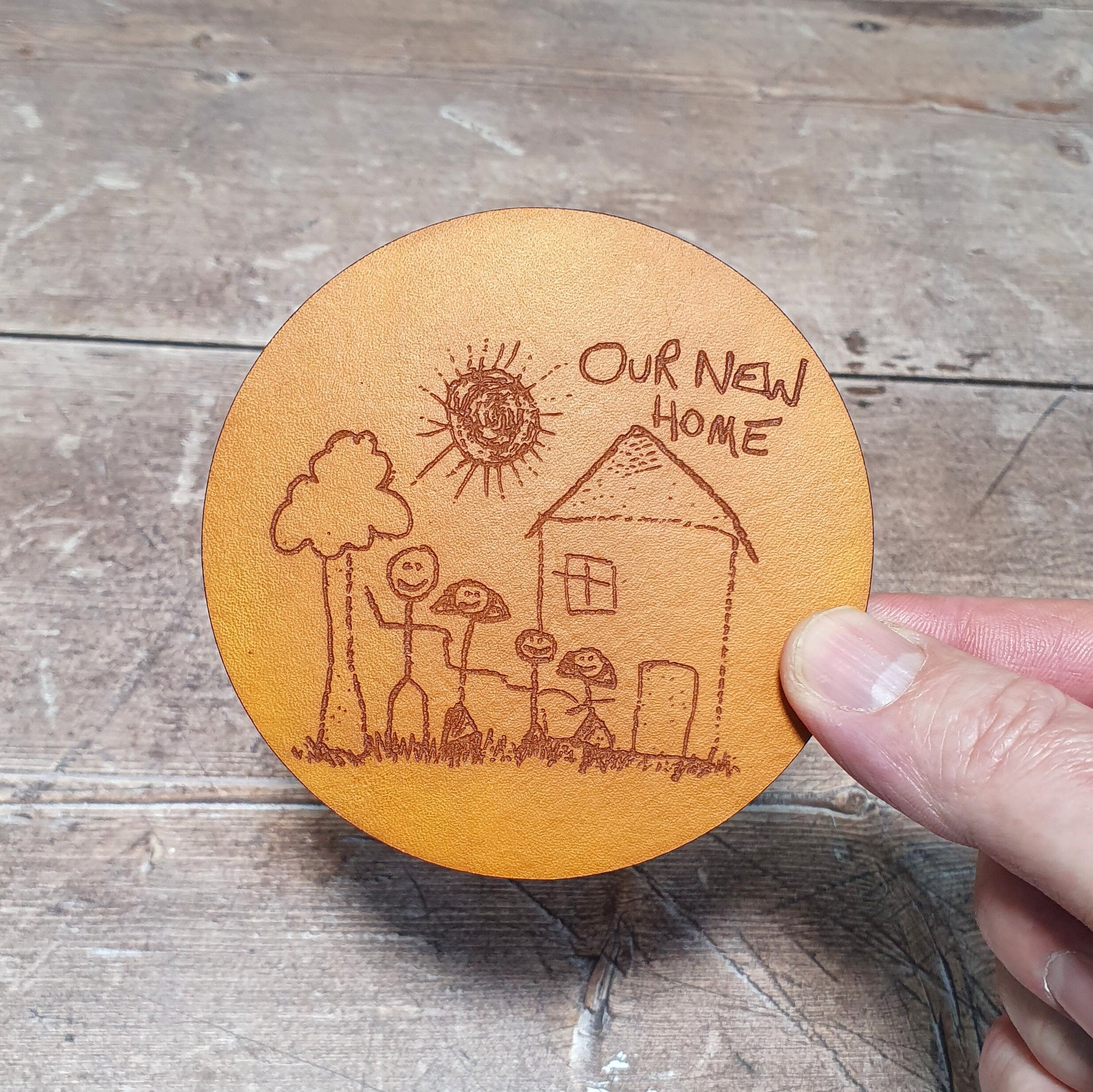 Personalised Leather Coasters, Memorable Custom Leather Gift, Engraved Drawing Gift, Child's Doodle Engraving Leather Drinks Coasters