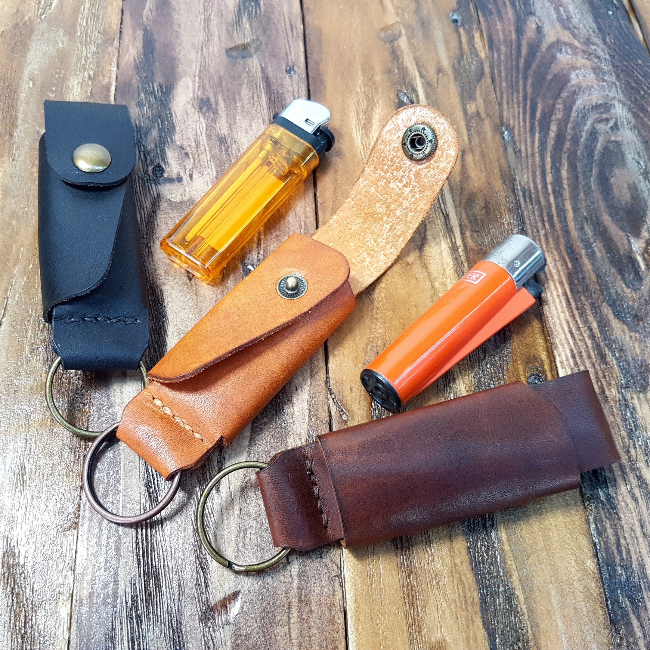 Leather Lighter Case Keyring, Made to Fit BIC, CLIPPER, Handmade Lighter Pouch, Personalised Lighter Sleeve, Button Closure,