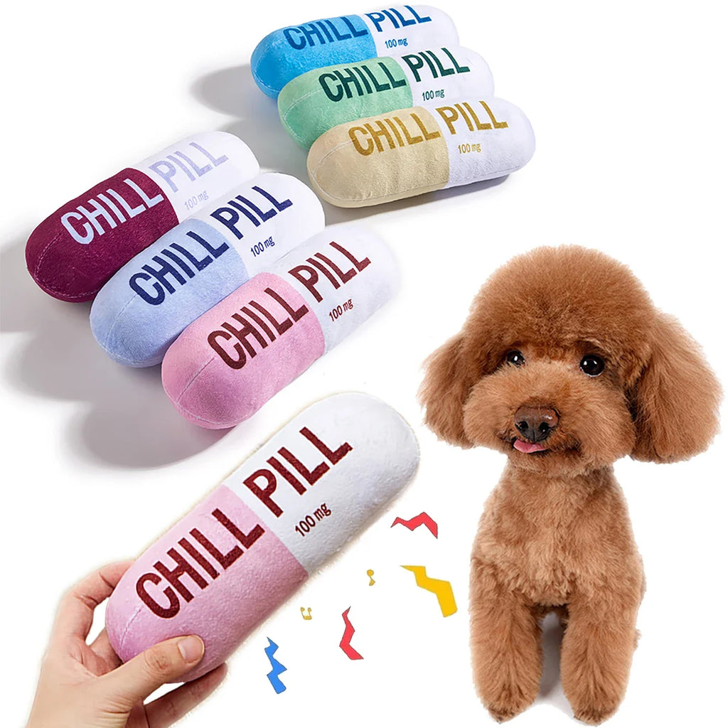 Interactive Plush “Chill Pill” Dog Toy with Squeaker – Soft Bite-Resistant Chew Toy for Pets
