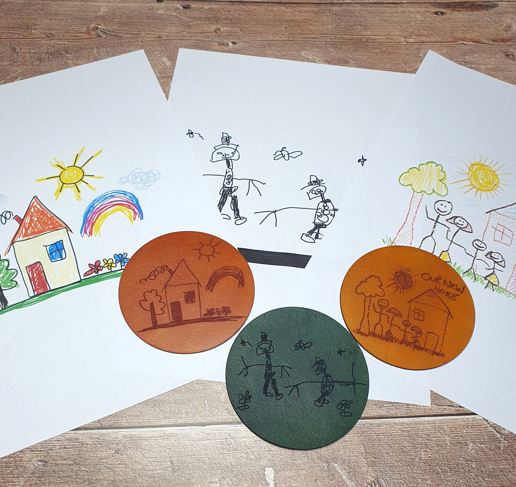 Personalised Leather Coasters, Memorable Custom Leather Gift, Engraved Drawing Gift, Child's Doodle Engraving Leather Drinks Coasters
