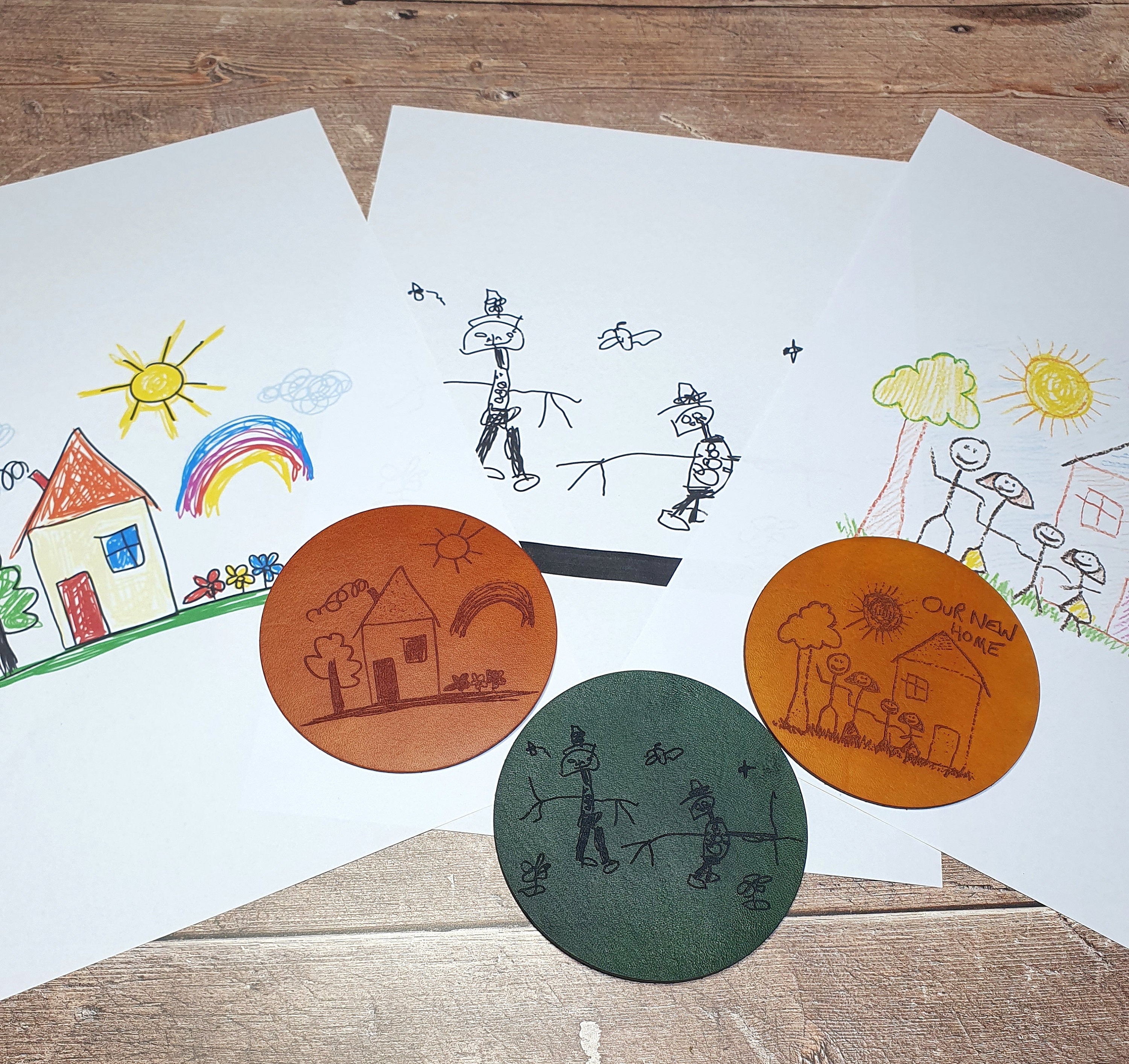 Personalised Leather Coasters, Memorable Custom Leather Gift, Engraved Drawing Gift, Child's Doodle Engraving Leather Drinks Coasters