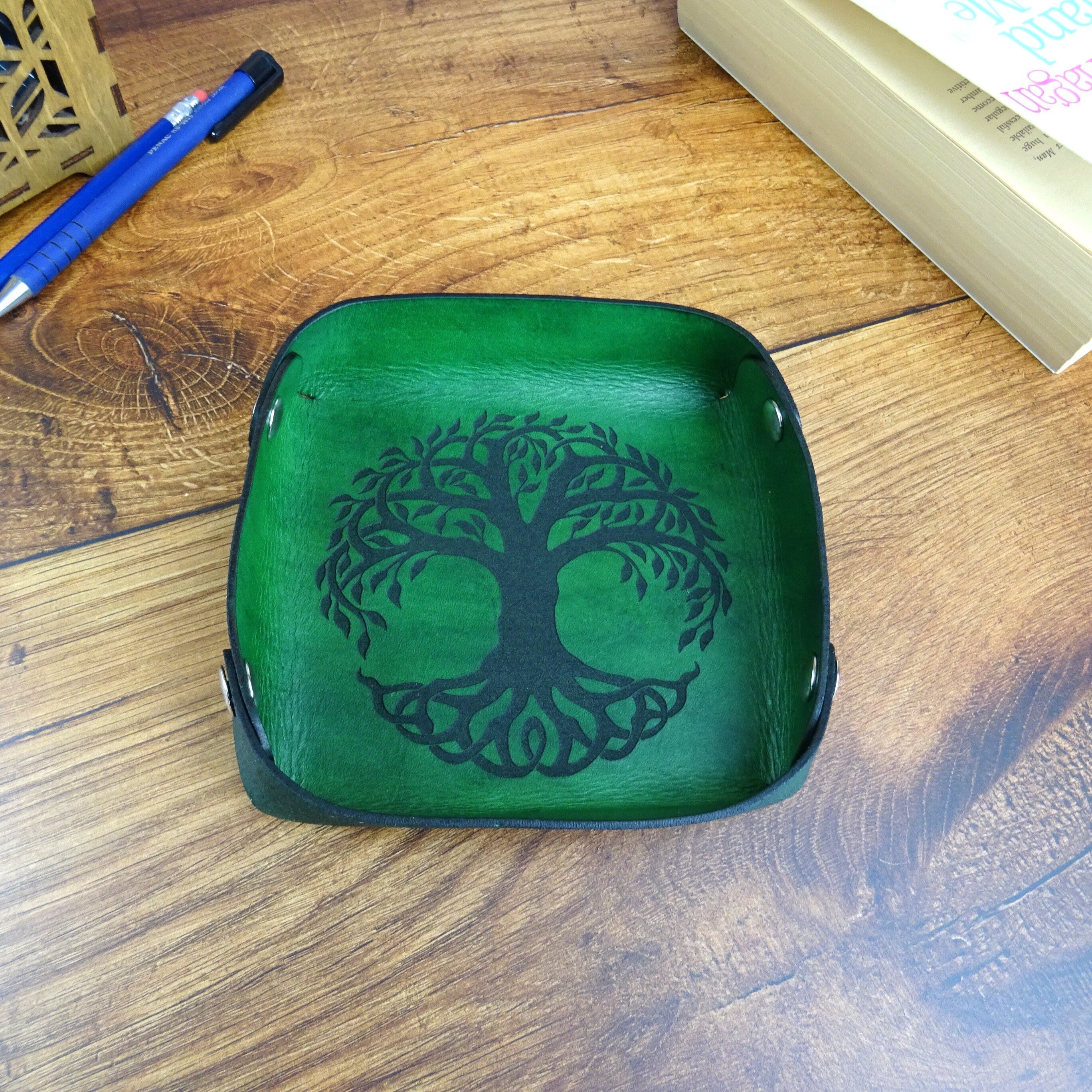 Handcrafted Leather Valet Tray: Engraved Tree Of Life Desk Organizer