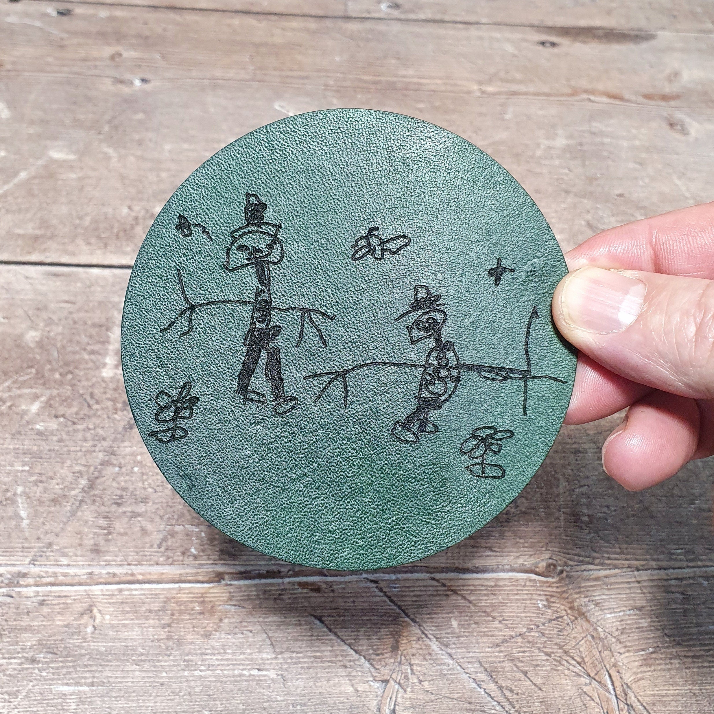 Personalised Leather Coasters, Memorable Custom Leather Gift, Engraved Drawing Gift, Child's Doodle Engraving Leather Drinks Coasters
