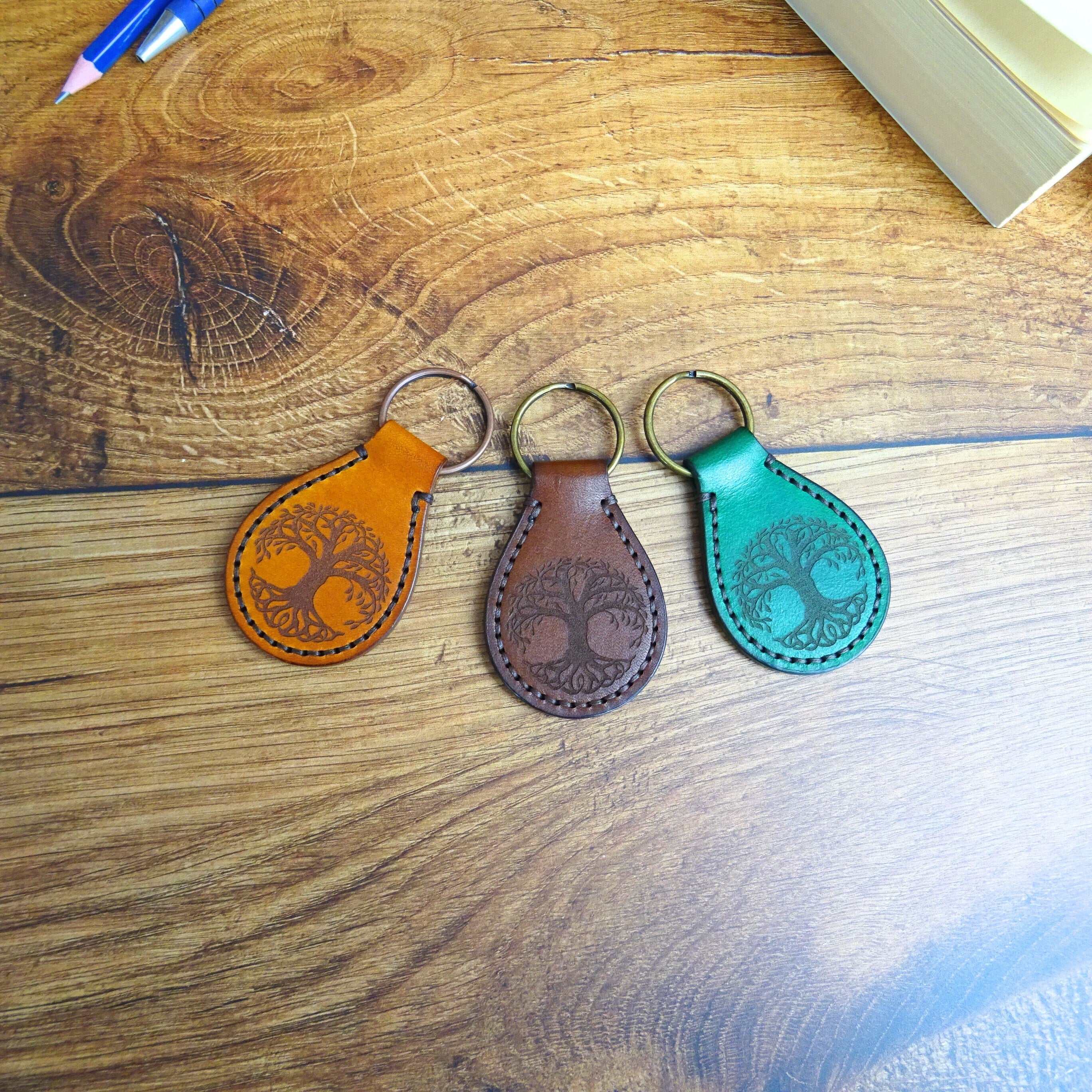 Handmade Leather Tree Of Life Keyring: Full Grain Leather Key Fob
