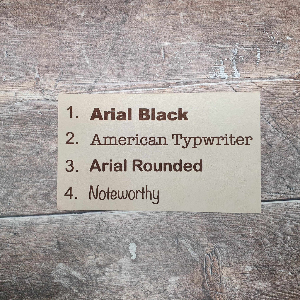 List of font names including Arial Black, American Typwriter, Arial Rounded, and Noteworthy on a beige card.