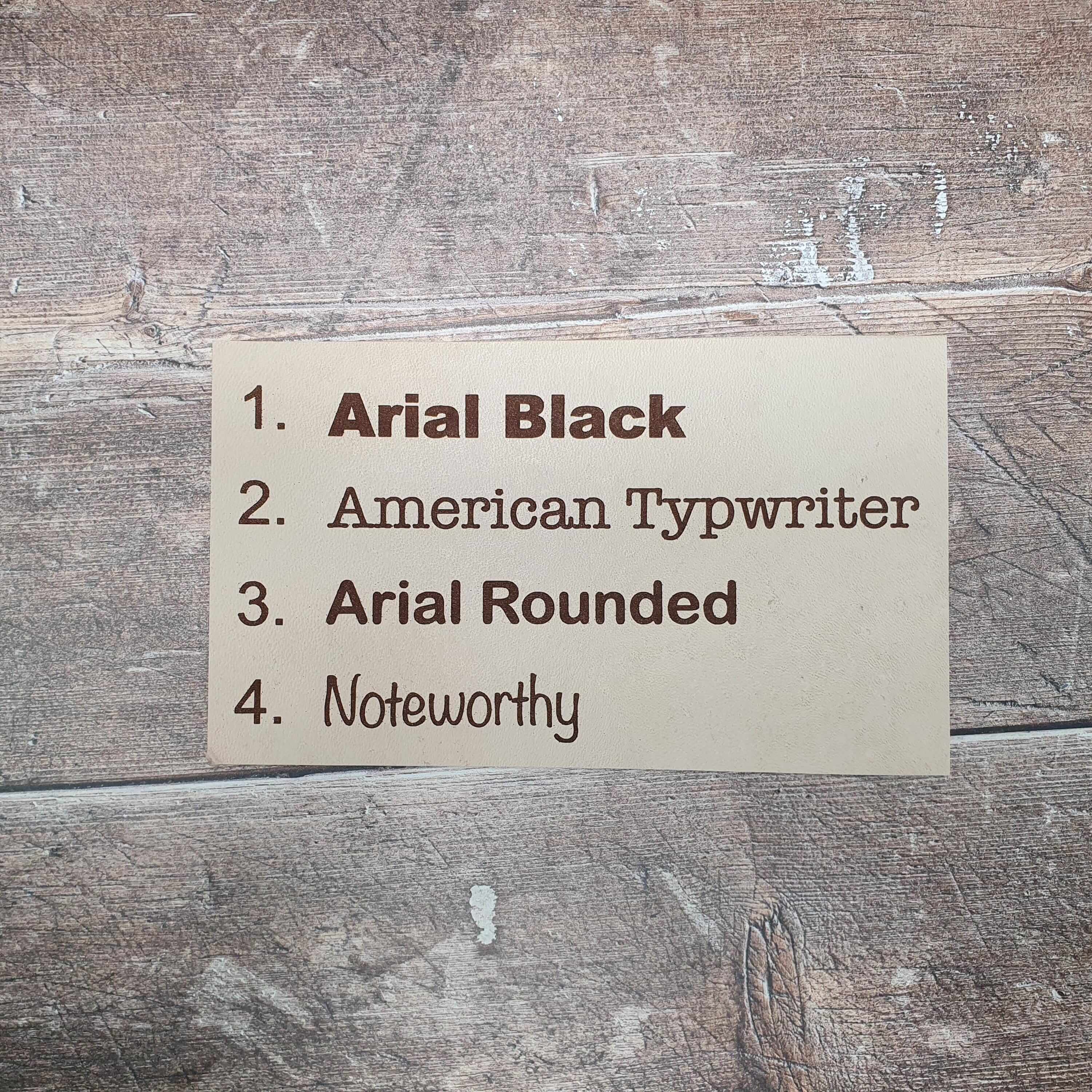 List of font names including Arial Black, American Typwriter, Arial Rounded, and Noteworthy on a beige card.