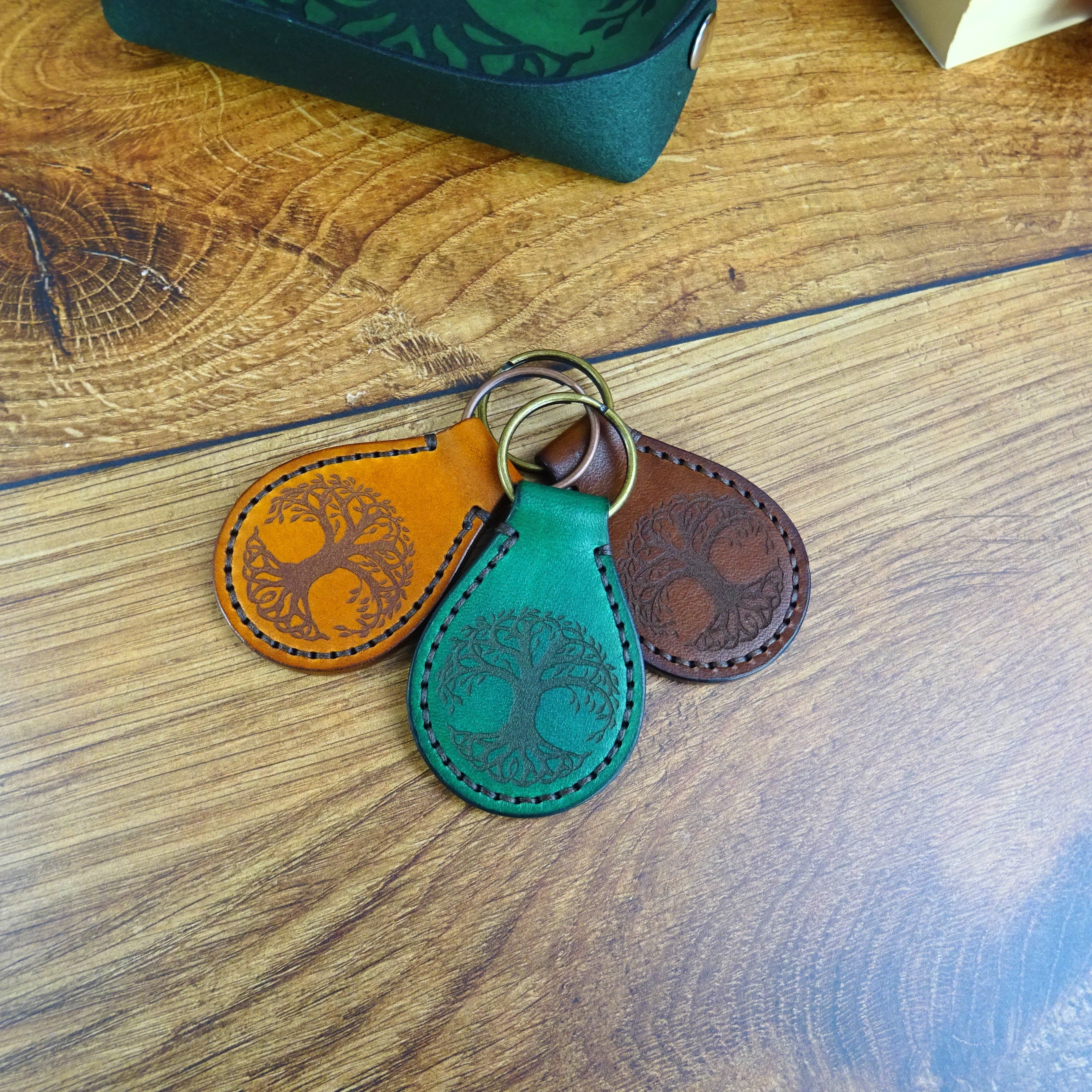Handmade Leather Tree Of Life Keyring: Full Grain Leather Key Fob