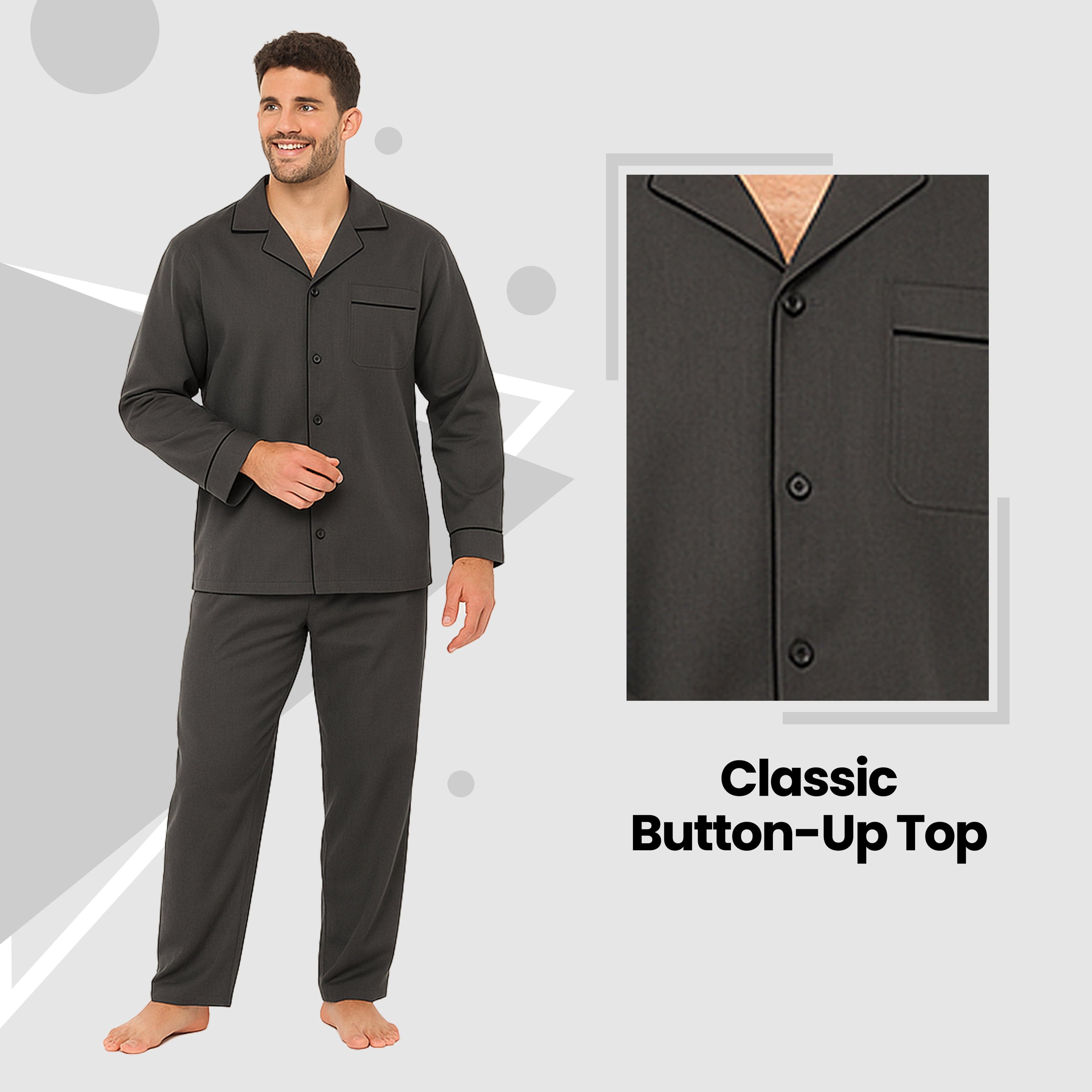 Men's Classic Charcoal Woven Pyjama Set Long Sleeve Button Top & Bottoms Easy Care Nightwear Sleepwear by Sock Stack