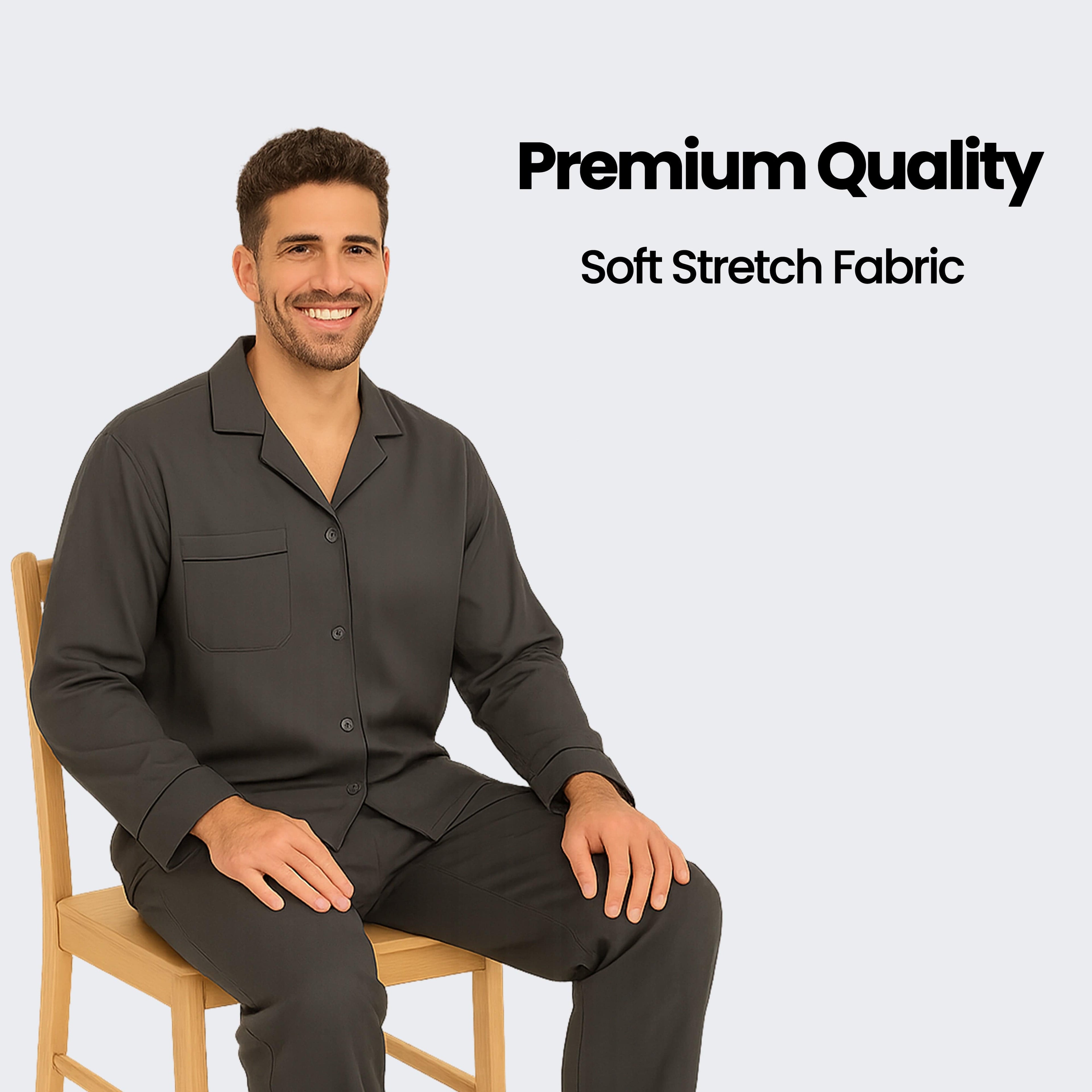 Men's Classic Charcoal Woven Pyjama Set Long Sleeve Button Top & Bottoms Easy Care Nightwear Sleepwear by Sock Stack